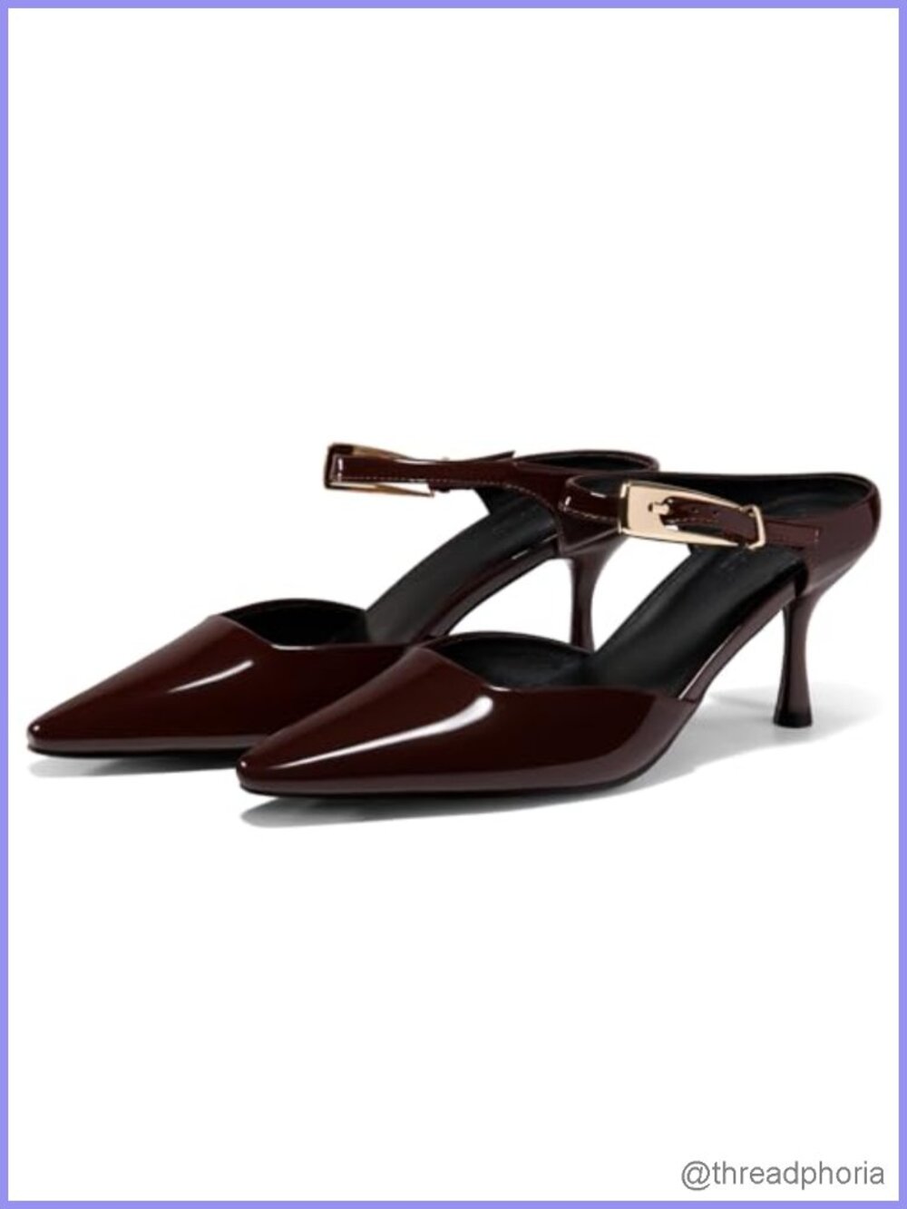 Faux Leather Kitten Heel Mules with Ankle Buckle Strap Women's Slip On Pointed
